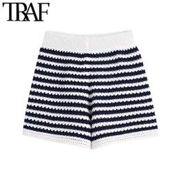 TRAF Women Chic Fashion Striped Knitted Shorts Vintage High Elastic Waist Female Short Pants Mujer 210724