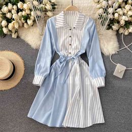 Spring Summer Fashion Striped Stitching Vestidos Female Temperament Shirt Midi Dress C765 210506