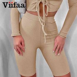 Viifaa Ribbed Knit Skinny Biker Shorts for Women Sporting Jogger Summer Spring Solid Casual Ladies 210724