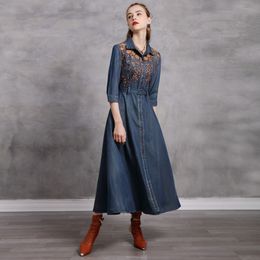 Johnature Women Embroidery Vintage Dresses High Quality Bandage Denim Chinese Style Clothes Autumn High Waist Dress 210521