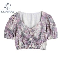Summer Women's Puff Short Sleeve Crop Tops Vintage Floral Print Heart Button Elastic Shirt Elegant V Neck Casual Y2K Blusas 210417