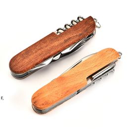Wooden Handle Multifunctional Folding Knife Bottle Opener Keychain Scissors Portable Outdoor Camping Tool RRF13183