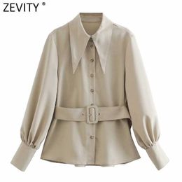 Zevity Women Safari Style Lantern Sleeve Breasted Smock Blouse Office Lady Buckle Sashes Pleat Shirt Chic Blusas Tops LS7406 210603