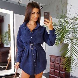 Elegant casual pink long sleeve dress women office lady dress autumn winter mini dress with belt female corduroy dresses 210415