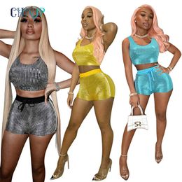 CHAOP Summer Two Piece Set Women Outfits Clubwear Sexy Glitter Crop Top and Short Suits Vacation Elasticity Tracksuit 2021 X0709