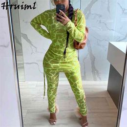 2 Piece Set Women Outfits Fashion Leopard Print Long Sleeve Drawstring Pleated Tops Pants Sets Streetwear Casual Tracksuit 210513