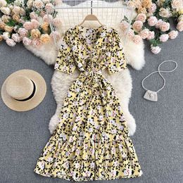 SINGREINY Women Korean Floral Dress Design Ruched Drawstring V Neck Sashes A-line Dresses Summer Boho Print Ruffles Beach Dress 210419