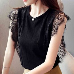 Women Tops Summer Knitted Lace Splice sleeveless Blouses Shirts Hollow Out Female Elegant Flower blouses 838E3 210420