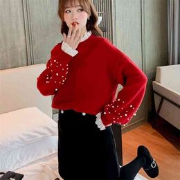 Half Turtleneck Sweater Female Korean Version Of Beaded Sweet Student Fake Two Knitted Tops 210427