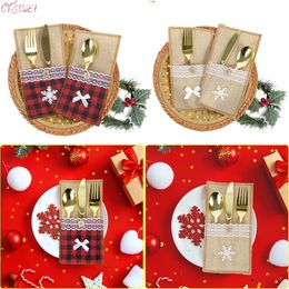 Christmas Fork Knife Cutlery Holder Bag Plaid Linen Pocket Christmas Decor Tableware Cutlery Holder Set Xma Table Decor LX4389