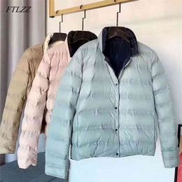 Double Sided Short Down Jacket Winter Women Stand Collar White Duck Coat Breasted Warm Outwear 210430