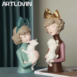 Latest Bow Hairpin Girl Figure Statues Woman Holds Kitten & Dog Sculptures For Home Decor Crafts Living Room Ornaments Fashion 211105