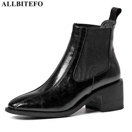 ALLBITEFO size 34-42 thick heel real genuine leather women boots autumn fashion casual high heel shoes boots women's ankle boots 210611
