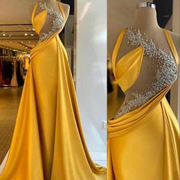 2022 Mermaid Evening Dresses Wear Bright Yellow Beaded Lace Appliques Sexy Top Illusion Prom Gowns Elegant Satin Ruched Women Formal Party Dress Vestido de novia