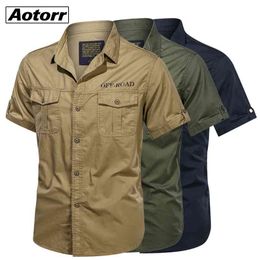 Mens 100% Cotton Military Shirts Casual Dress Short Sleeve Slim Tops Work Shirt Male Solid Summer Trendy Chest Pocket 4XL 210626