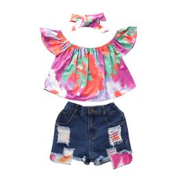 Fashion Clothing Sets Summer Girl's One Shoulder Tops Denim Shorts Three Piece Suit