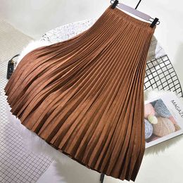 Autumn Winter Women suede skirt High Waist casual Vintage Pleated female Korean Skirt elegant long Skirts 210420