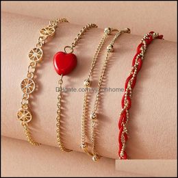 Charm Jewelrycharm Bracelets Huatang 4Pcs/Set Boho Red Love Heart Charms Bracelet Set For Women Mtilayer Adjustable Braided Rope Chains Fema