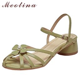 Meotina Sandals Shoes Women Natural Genuine Leather Sandals Flower High Heel Shoes Square Toe Round Heel Lady Footwear Summer 43 210608