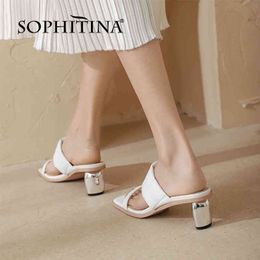 SOPHITINA Leather Summer Women Shoes Sandals Stylish Fashion Metal Strange Heel Party Sqare Toe White FO254 210513