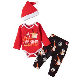 Newborn Toddler Baby Girls Boys Clothes Set Letter Print Long Sleeve O-neck Romper Snowman Print Trousers Hat Christmas Outfits G1023