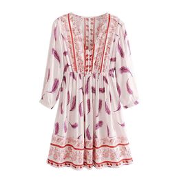 Jastie Summer Women Dress Hippie Chic Boho Floral Print Mini Dresses Holiday Short Beach Dress 3/4 Sleeve Female Vestidos 210419