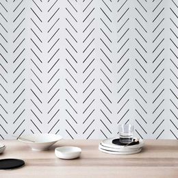Modern delicate herringbone in black and white, Scandinavian design, removable wallpaper PW200606011