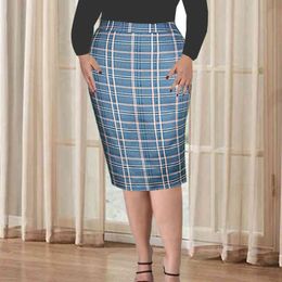 High Waist Plaid Skirts Plus Size 4XL 5XL Women Summer Fashion Knee Length Tight Pencil Elegant Ladies Office Party Club Jupes X0522
