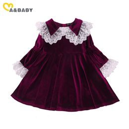 2-7Y Autumn Spring Toddler Kid Girls Velvet Dress Vintage Lace Long Sleeve Tutu Dresses For Children Clothes 210515