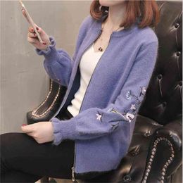 Spring And Autumn Women Blends Cardigan Sweater Embroidery Print O-Neck Plus Size Casual Zipper 210427