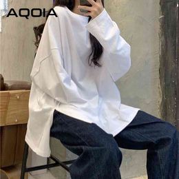 AQOIA Streetwear Y2K Long Sleeve White Black Women T Shirt Plus Size Loose ops Autumn irregular Split Female Shirts 210521