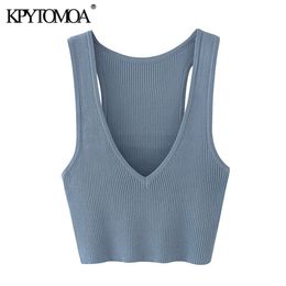 Women Sexy Fashion Deep V Neck Cropped Knitted Vest Sweater Stretchy Slim Female Waistcoat Chic Tops 210420