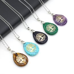 Tree of life pattern Reiki Healing Crystal Pendant Energy Waterdrop Stone Quartz Necklaces Fashion Women Men Jewellery Wholesale