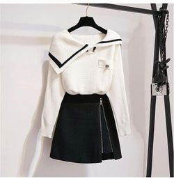 Two Piece Dress 2021 Spring Winter Set Women Long Sleeve Turn-down Collar Knitted Sweater + A-Line Mini Skirts Suit Korean