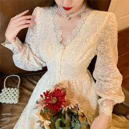 Vintage Korean Style V-Neck Maxi Dresses for Women Party Elegant Lace Long Sleeve Ruffled Woman Dress Autumn Spring Y1204