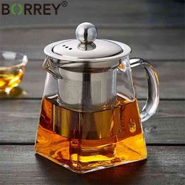 BORREY Heat Resistant Glass Teapot With Stainless Steel Infuser Philtre Flower Kettle Kung Fu Set Puer Oolong 210813