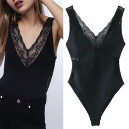 Black Lace Bodysuit Women Fashion Backless Strappy V Neck Sexy Ladies Snap Button Bottom Waist Cutout s 210519