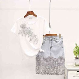 Summer Fashion Beading Embroidery T-shirt Sequins Tassel Denim Skirt Set Women Loose White Tee Short Jeans Skirt Suit Female 210730