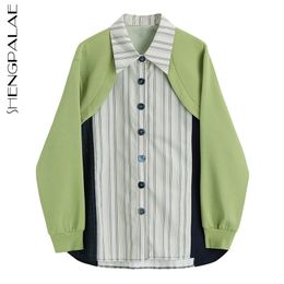 Fake Two Stripe Blouse Women's Spring Lapel Large Size Songle Breasted Long Sleeve Contrast Color Shirt 5C10 210427