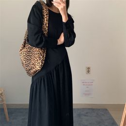 Chic Solid Elegance Retro Women Irregular French Girls Vintage All Match Lady Brief Slim Fashion Long Dresses 210421