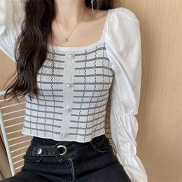 Spring Women's Thin Casual Square Collar Patchwork Plaid Long Puff Sleeve Chiffon T-shirt Tops Female 210427