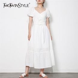 Hollow Out Temperament Dress For Women V Neck Puff Sleeve High Waist Sashes White Dresses Female Fashion 210520