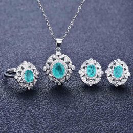 Earrings & Necklace Natural Stone Emerald Paraiba Tourmaline Turquoise Rings For Women Stud Ear Sterling Silver 925 Jewelry Sets