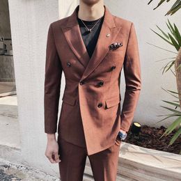 Wedding Suits for Men Double Breasted Suit Pcs Set Groom Tuxedos Suits with Pant Casual Business Stage Blazer Costume Homme 210527
