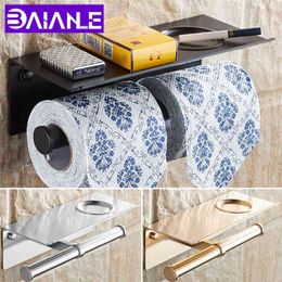 BAIANLE Bathroom Toilet Paper Holder with Shelf Hooks Creative Black Towel Rack Wall Mounted Lengthen Gold Roll 210720