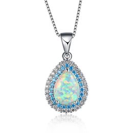 -S925 Sterling Silber Lab White Opal Blue Topas CZ Waterdrop Anhänger Halskette Für Frauen Party Geschenk
