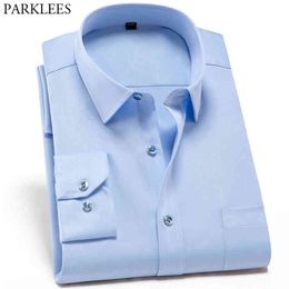 Bamboo Fiber Mens Dress Shirts Slim Fit Soft Elastic Shirt Men Formal Long Sleeve Business Mens Button Shirt Blue Chemise 210524