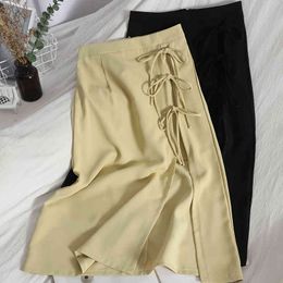 Spring summer lace-up bow-knot temperament package hip skirt casual pencil Korean style split over-the-knee 210420