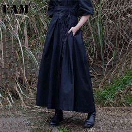 [EAM] New Spring Summer High Waist Banadahe Black Pleated Split Joint Big Hemline Half-body Skirt Women Fashion Tide JR478 210412