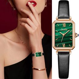 Women Rose Gold Square Slim Watch Waterproof Stainless Steel Mesh Band Quartz Wristwatch Office Lady Green Dial Simple Watch 210517